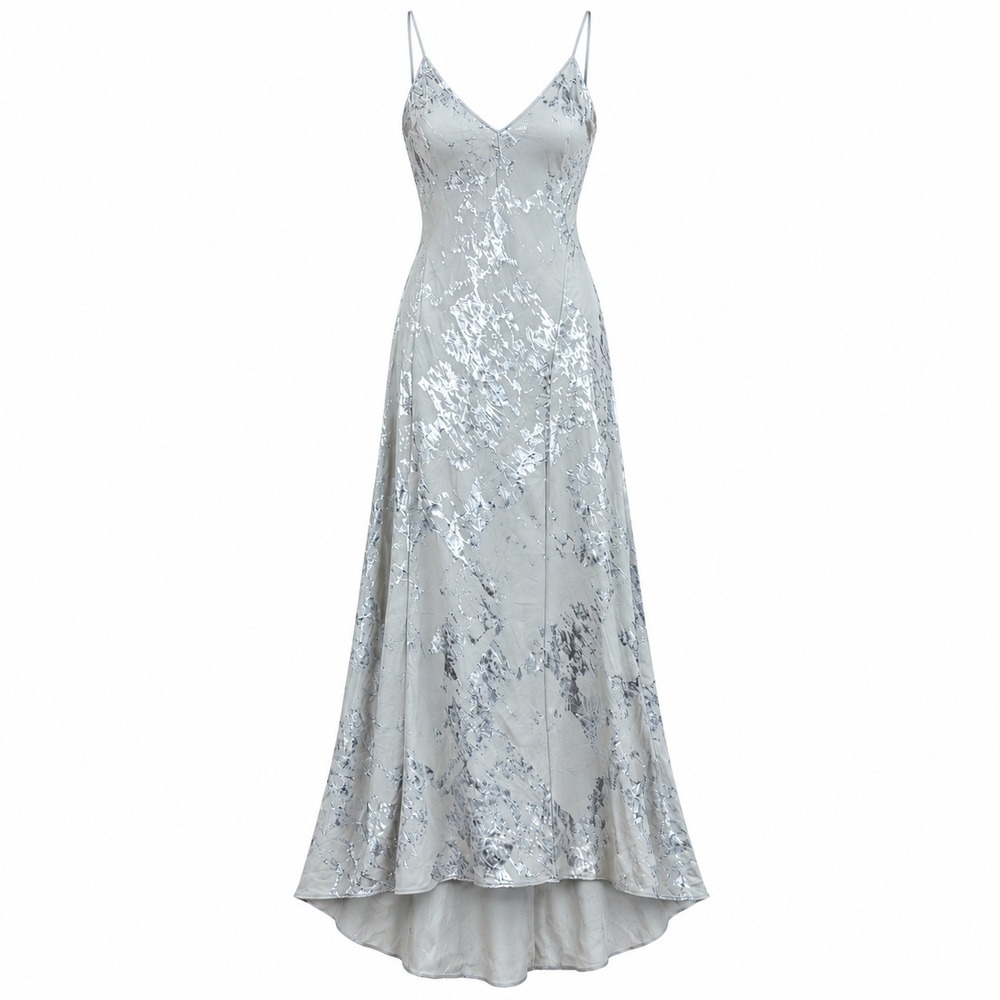 Zara Womens Dress S Polyester Silver Metallic Foil Maxi Slip V-Neck Backless